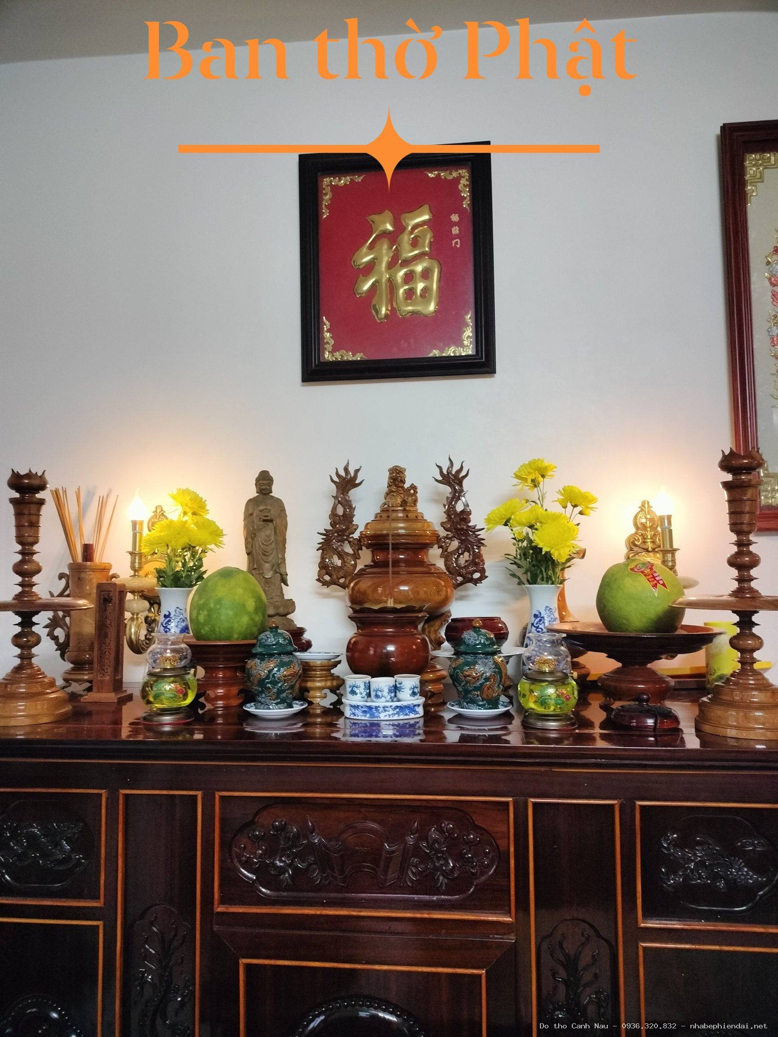 Bàn thờ gia tiên ngũ phúc gỗ gõ đỏ Btc 060 - Kho bàn thờ hiện đại